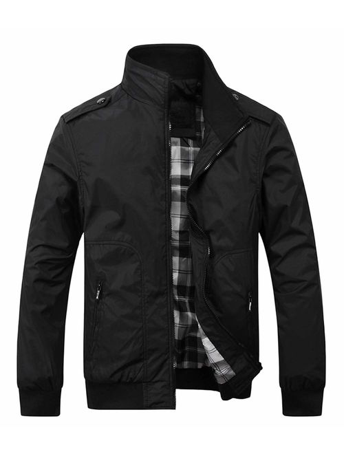 Springrain Men's Casual Stand Collar Slim PU Leather Sleeve Bomber Jacket