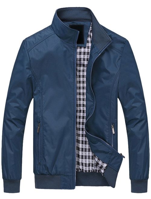 Springrain Men's Casual Stand Collar Slim PU Leather Sleeve Bomber Jacket