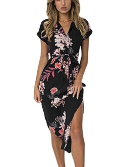 Temofon Womens Dresses Summer Casual Floral Geometric Pattern Short Sleeve Midi V-Neck Party Dress with Belt S-2XL