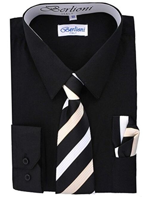 Berlioni Boys Long Sleeve Dress Shirts Tie & Hanky Many Colors