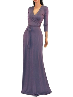 Vivicastle Women's USA Solid V-Neck 3/4 Sleeve Faux Wrap Waist Long Maxi Dress