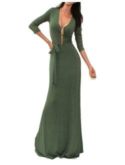 Vivicastle Women's USA Solid V-Neck 3/4 Sleeve Faux Wrap Waist Long Maxi Dress