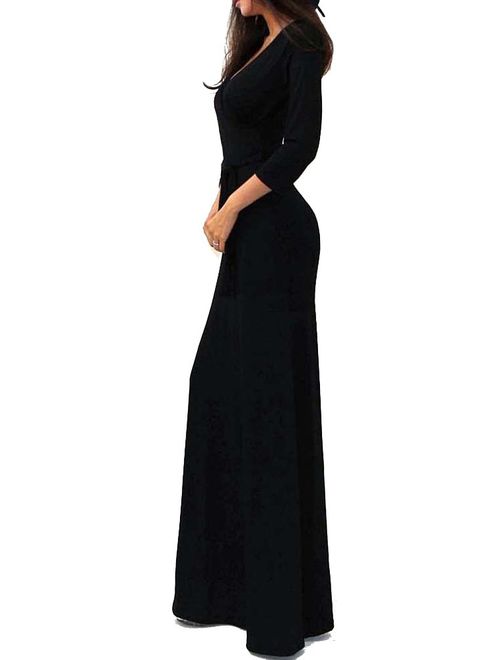 Vivicastle Women's USA Solid V-Neck 3/4 Sleeve Faux Wrap Waist Long Maxi Dress