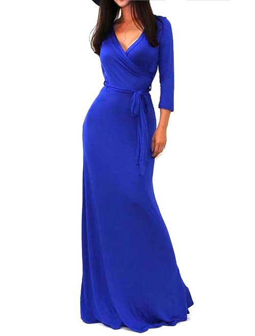 Vivicastle Women's USA Solid V-Neck 3/4 Sleeve Faux Wrap Waist Long Maxi Dress