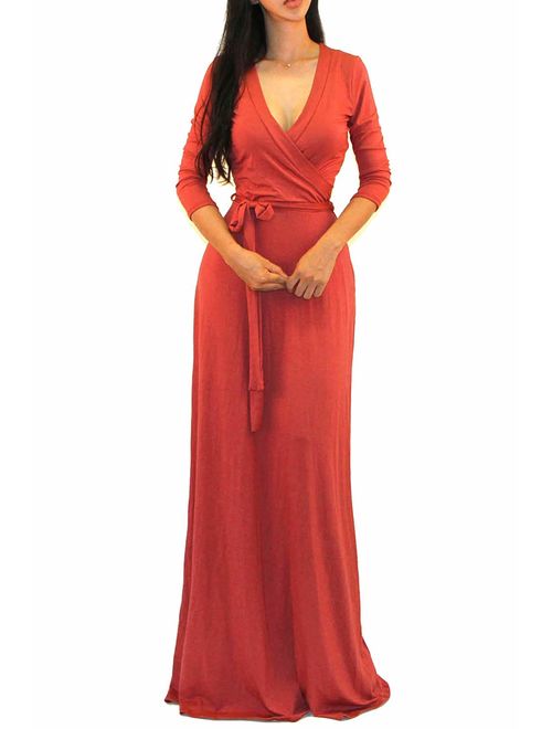 Vivicastle Women's USA Solid V-Neck 3/4 Sleeve Faux Wrap Waist Long Maxi Dress