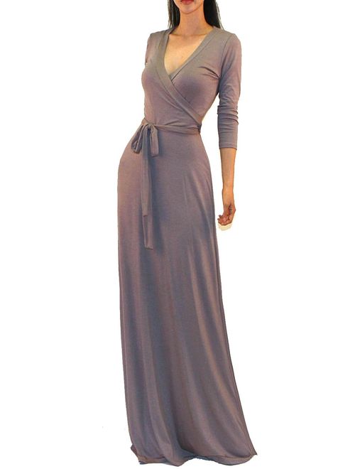 Vivicastle Women's USA Solid V-Neck 3/4 Sleeve Faux Wrap Waist Long Maxi Dress