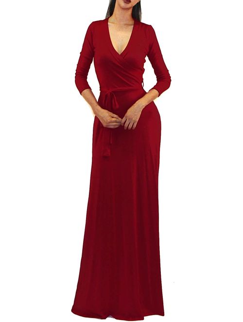 Vivicastle Women's USA Solid V-Neck 3/4 Sleeve Faux Wrap Waist Long Maxi Dress