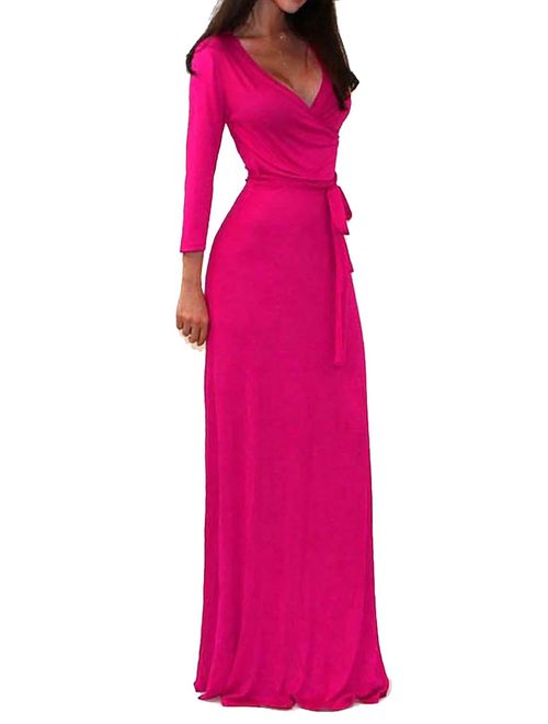 Vivicastle Women's USA Solid V-Neck 3/4 Sleeve Faux Wrap Waist Long Maxi Dress