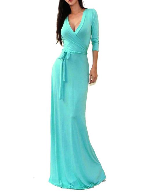 Vivicastle Women's USA Solid V-Neck 3/4 Sleeve Faux Wrap Waist Long Maxi Dress