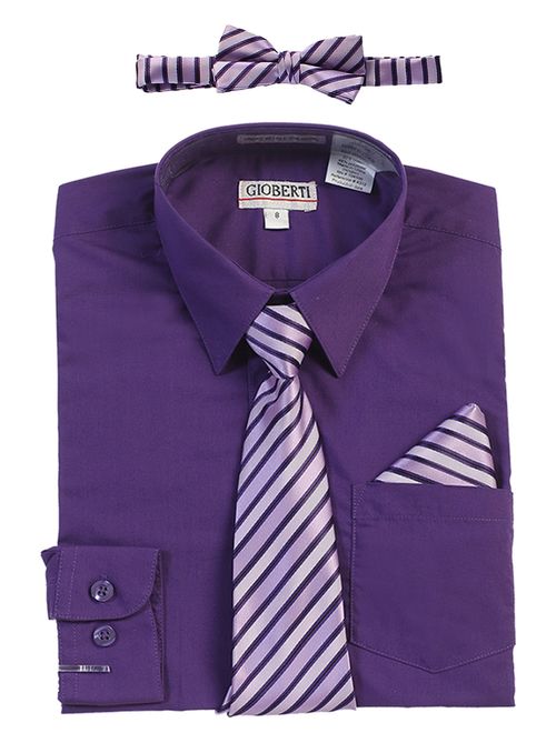 Gioberti Boy's Long Sleeve Dress Shirt + Stripe Tie, Bow Tie and Hanky