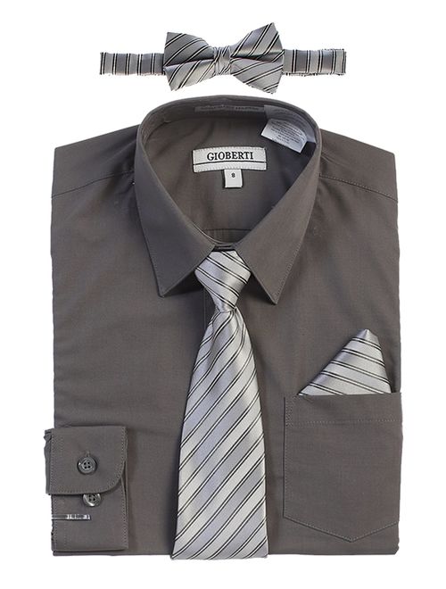 Gioberti Boy's Long Sleeve Dress Shirt + Stripe Tie, Bow Tie and Hanky