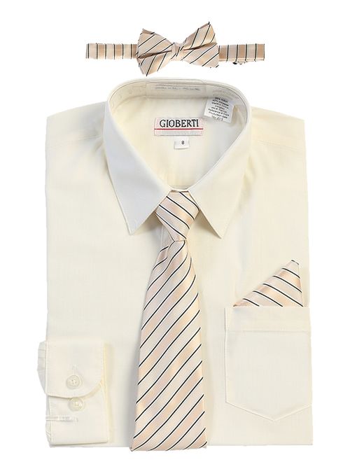 Gioberti Boy's Long Sleeve Dress Shirt + Stripe Tie, Bow Tie and Hanky