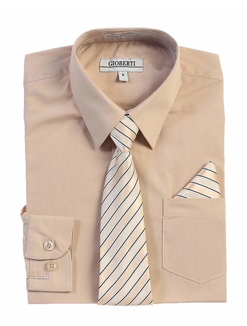 Gioberti Boy's Long Sleeve Dress Shirt + Stripe Tie, Bow Tie and Hanky