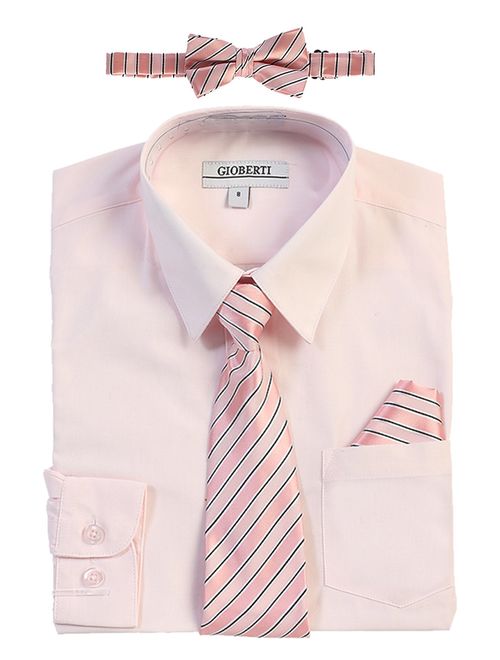 Gioberti Boy's Long Sleeve Dress Shirt + Stripe Tie, Bow Tie and Hanky