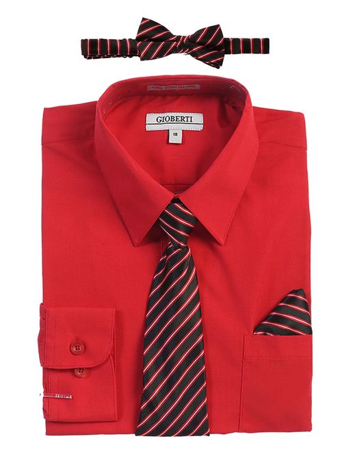 Gioberti Boy's Long Sleeve Dress Shirt + Stripe Tie, Bow Tie and Hanky