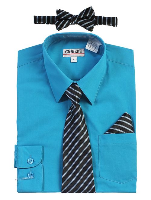 Gioberti Boy's Long Sleeve Dress Shirt + Stripe Tie, Bow Tie and Hanky