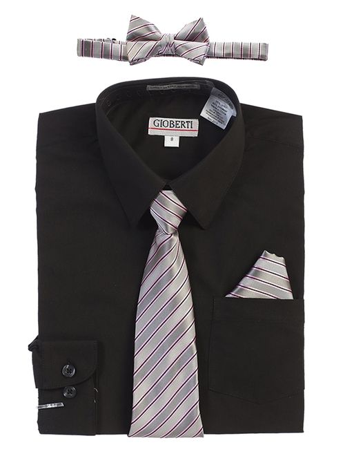 Gioberti Boy's Long Sleeve Dress Shirt + Stripe Tie, Bow Tie and Hanky