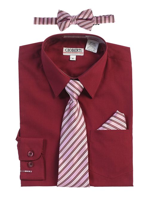 Gioberti Boy's Long Sleeve Dress Shirt + Stripe Tie, Bow Tie and Hanky