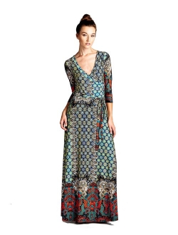 On Trend Women's Paris Bohemian V-Neck Printed 3/4 Sleeve Faux Wrap Long Maxi Resort Dress