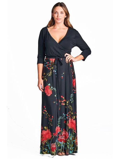 On Trend Women's Paris Bohemian V-Neck Printed 3/4 Sleeve Faux Wrap Long Maxi Resort Dress