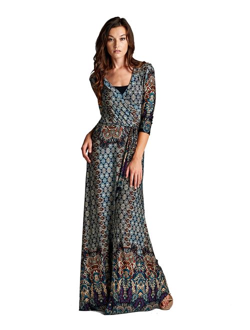 On Trend Women's Paris Bohemian V-Neck Printed 3/4 Sleeve Faux Wrap Long Maxi Resort Dress