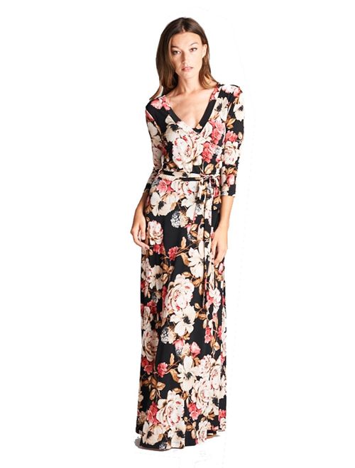 On Trend Women's Paris Bohemian V-Neck Printed 3/4 Sleeve Faux Wrap Long Maxi Resort Dress