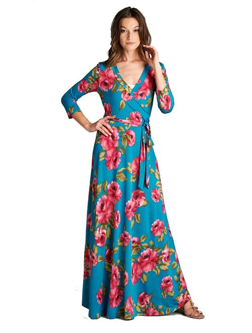 On Trend Women's Paris Bohemian V-Neck Printed 3/4 Sleeve Faux Wrap Long Maxi Resort Dress