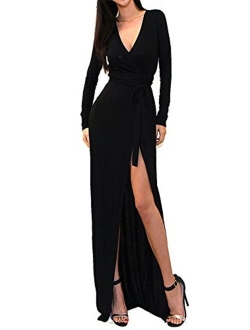 Vivicastle Women's USA Sexy Long Sleeve Tulip Wrap Slit Front Full Long Maxi Dress