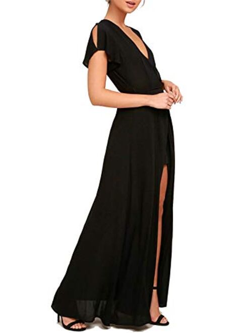 Vivicastle Women's USA Sexy Long Sleeve Tulip Wrap Slit Front Full Long Maxi Dress