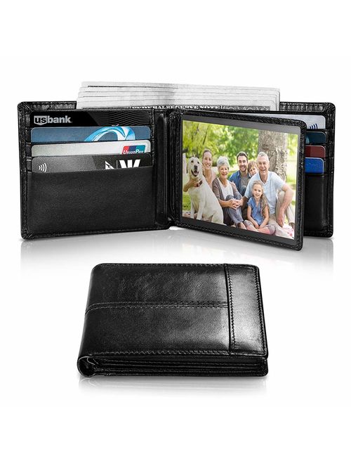 Mens Wallet RFID Genuine Leather Bifold Wallets For Men, ID Window 16 Card Holders Gift Box