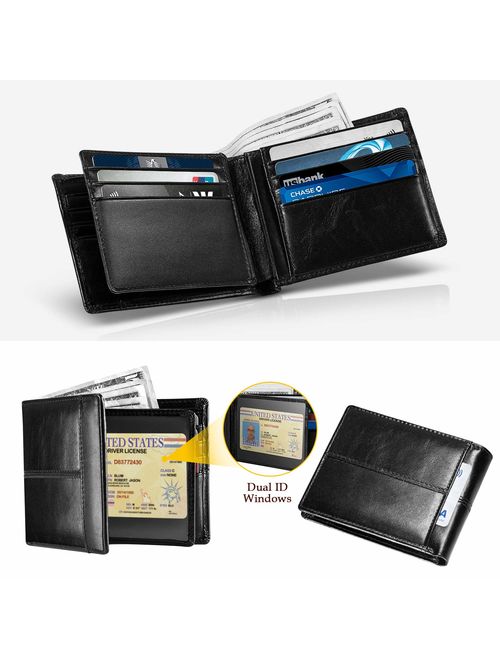 Mens Wallet RFID Genuine Leather Bifold Wallets For Men, ID Window 16 Card Holders Gift Box