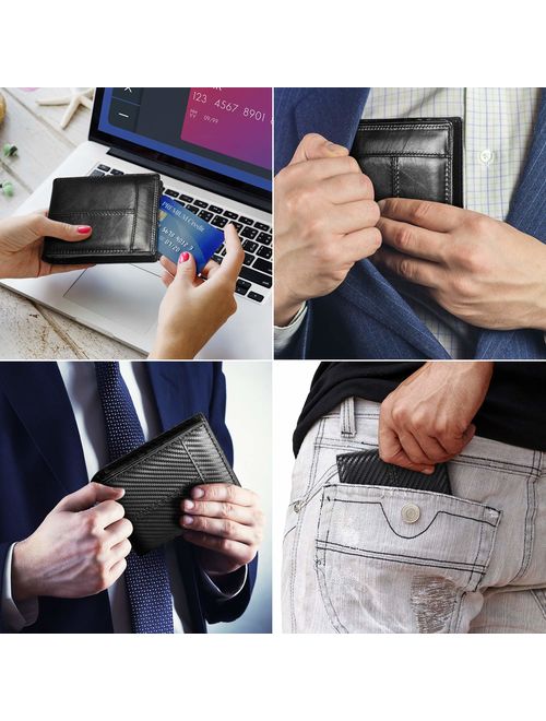 Mens Wallet RFID Genuine Leather Bifold Wallets For Men, ID Window 16 Card Holders Gift Box