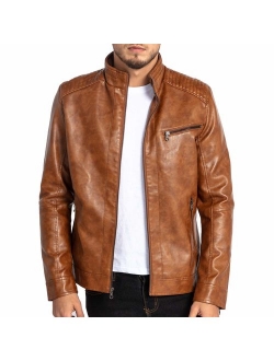 VICALLED Mens Leather Jacket Slim Fit Stand Collar PU Motorcycle Jacket Lightweight