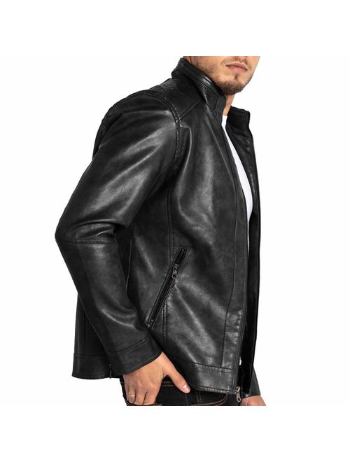 VICALLED Mens Leather Jacket Slim Fit Stand Collar PU Motorcycle Jacket Lightweight