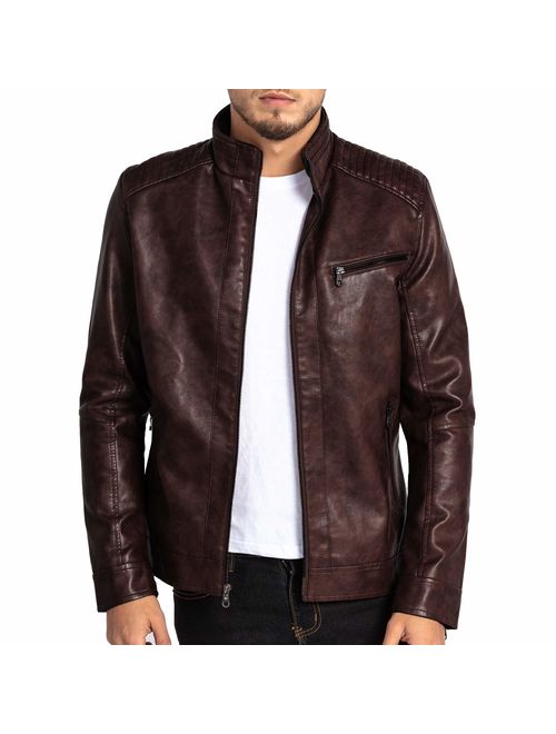 VICALLED Mens Leather Jacket Slim Fit Stand Collar PU Motorcycle Jacket Lightweight