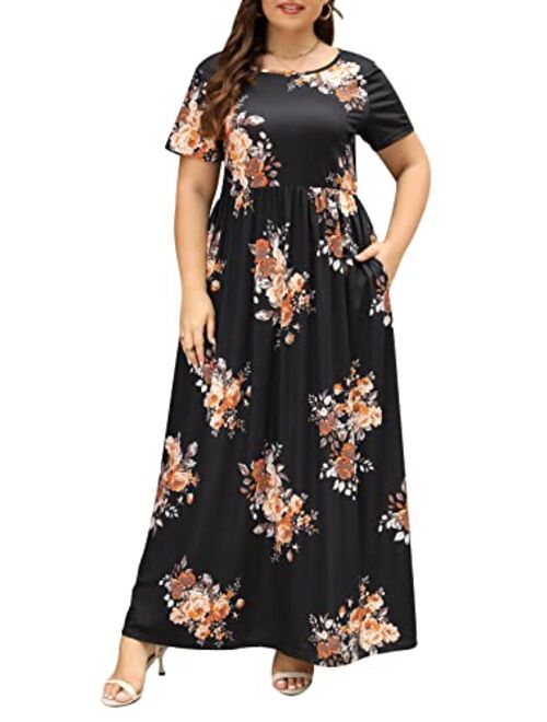 Nemidor Women's Chevron Print Summer Short Sleeve Plus Size Casual Maxi Dress