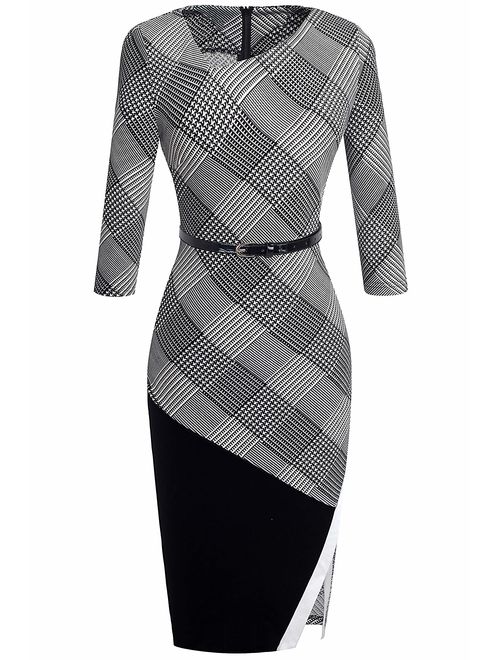 HOMEYEE Women's Elegant Patchwork Sheath Sleeveless Business Dress B290