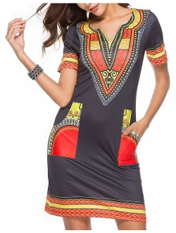 SheKiss Women's Dashiki African Bodycon Dresses Bohemian Vintage Print Club Midi V-Neck Pockets