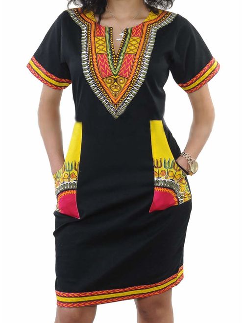 SheKiss Women's Dashiki African Bodycon Dresses Bohemian Vintage Print Club Midi V-Neck Pockets