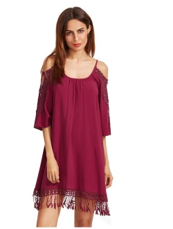 Women's Summer Cold Shoulder Crochet Lace Sleeve Loose Beach Dress