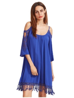 Women's Summer Cold Shoulder Crochet Lace Sleeve Loose Beach Dress