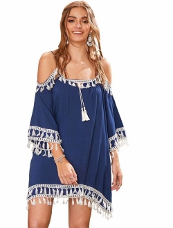 Women's Summer Cold Shoulder Crochet Lace Sleeve Loose Beach Dress