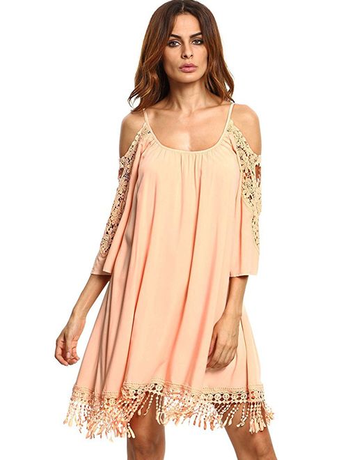 Milumia Women's Summer Cold Shoulder Crochet Lace Sleeve Loose Beach Dress