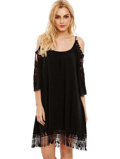 Milumia Women's Summer Cold Shoulder Crochet Lace Sleeve Loose Beach Dress