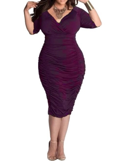 Pink Queen Womens Plus Size Deep V Neck Wrap Ruched Waisted Bodycon Dress