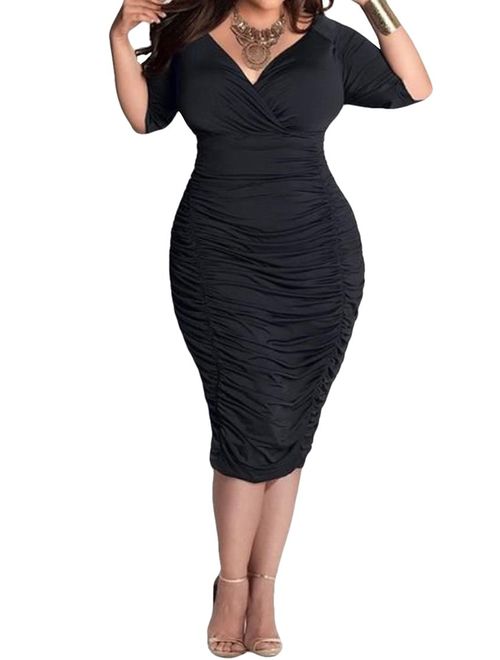 Pink Queen Womens Plus Size Deep V Neck Wrap Ruched Waisted Bodycon Dress