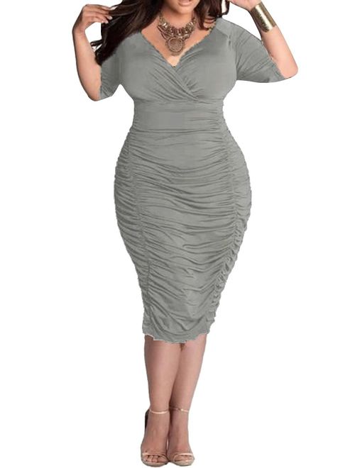 Pink Queen Womens Plus Size Deep V Neck Wrap Ruched Waisted Bodycon Dress