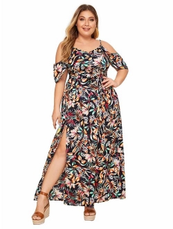 Women's Plus Size Cold Shoulder Floral Slit Hem Tropical Summer Maxi Dress