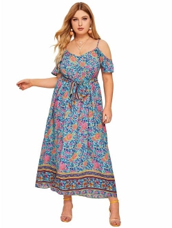 Women's Plus Size Cold Shoulder Floral Slit Hem Tropical Summer Maxi Dress