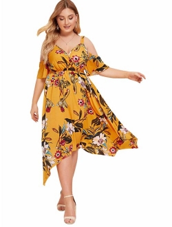 Women's Plus Size Cold Shoulder Floral Slit Hem Tropical Summer Maxi Dress